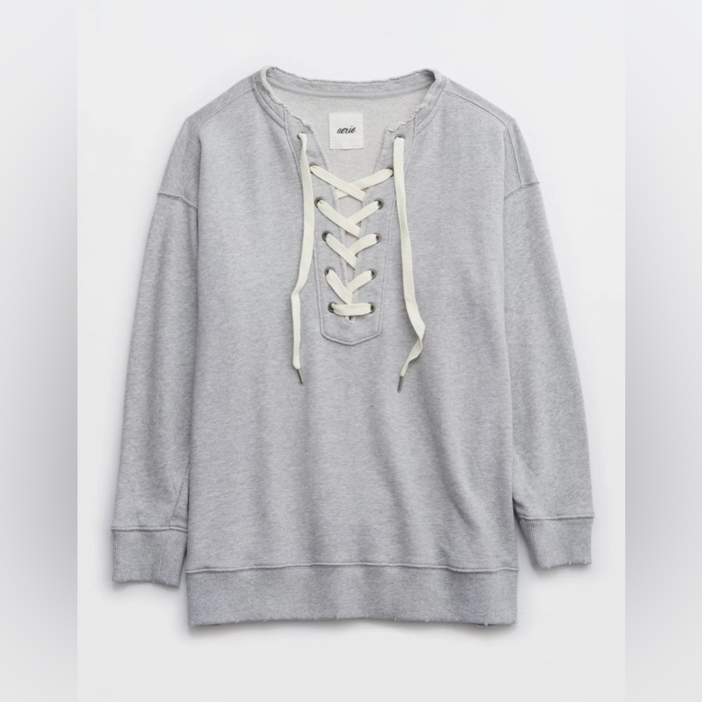 Aerie Lace Up Oversized Crew Sweatshirt in Gray - Picture 2 of 4